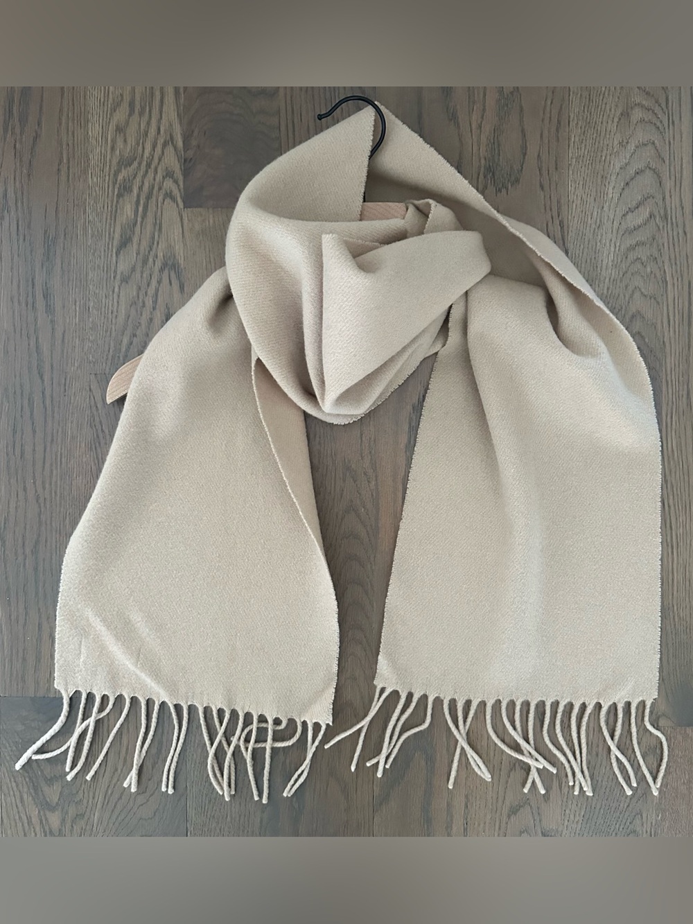 Vintage Made in Italy 100% Lambswool Oblong Fringed Scarf in Tan Beige 74"l